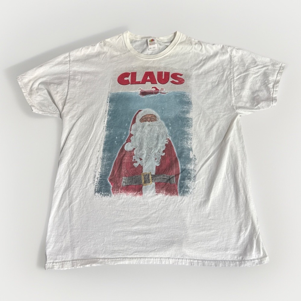 Santa CLAUS Christmas JAWS Movie Poster Funny Adult 2XL White T-shirt Xmas Humor